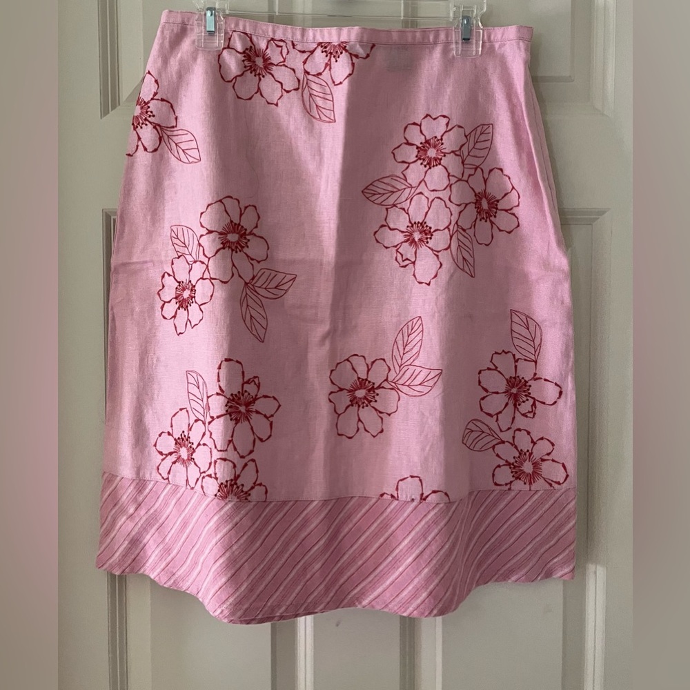 Eddie Bauer Woman's Size 8 Pink Floral Embroidered 100% Linen Skirt